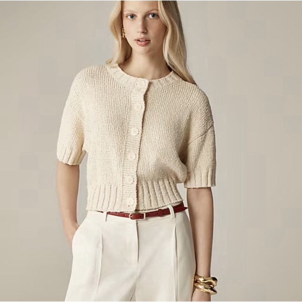 J. Crew Marina Crew Neck Cardigan Sweater Cream Textured Knit Sz M Clean Girl